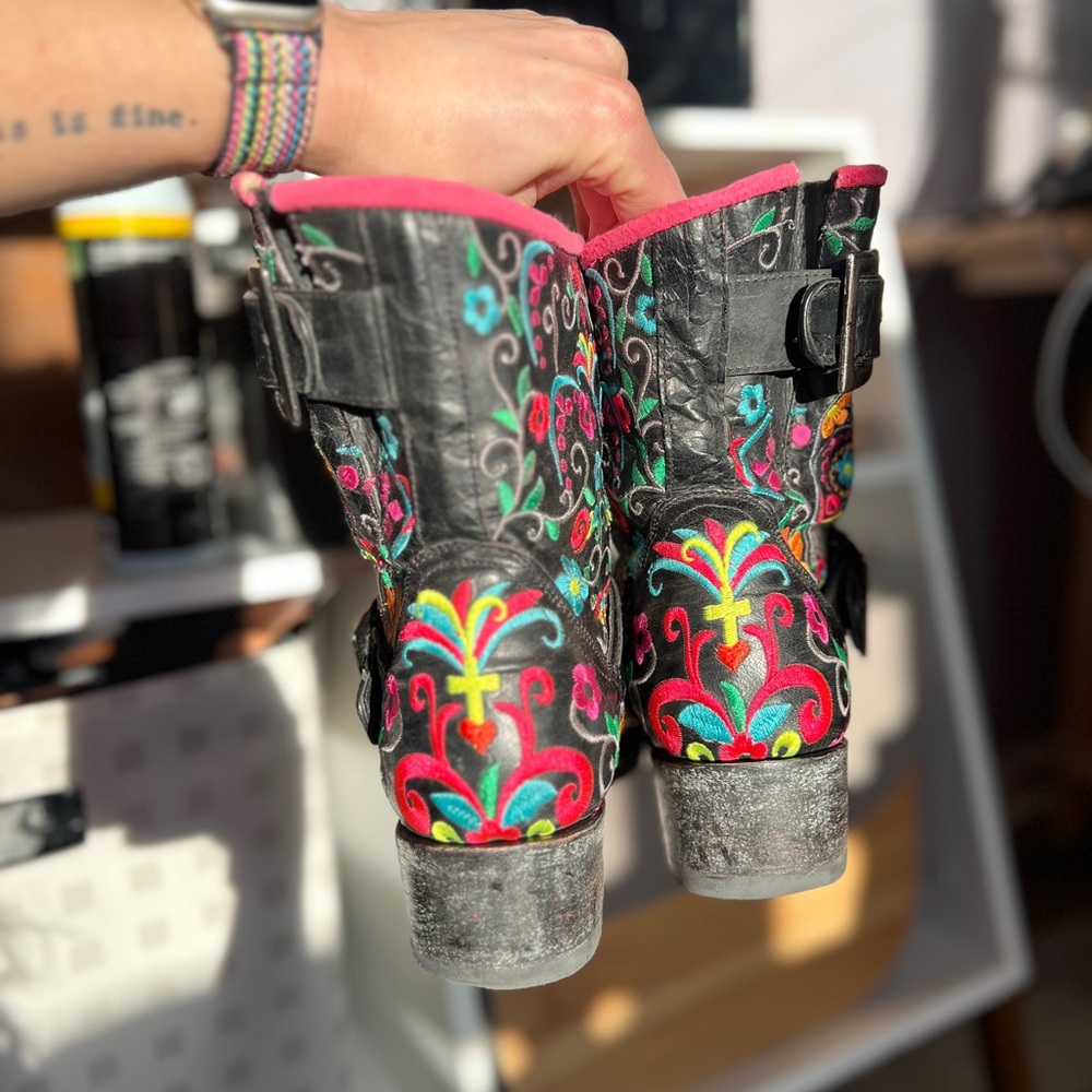 Old Gringo Klak Sugar Skull Black Leather Rainbow Biker Boots 7.5 - Picture 14 of 15